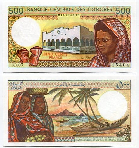 Komory 500 Francs 1994 r. UNC