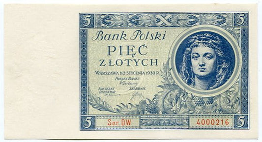 Banknot Polska 5 Złotych 1930 r.  CZ